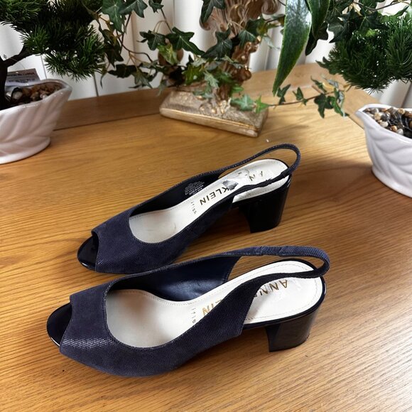 Anne Klein Size 10M Iflex Leather Upper Navy Peep Toe Slingback Heels - Picture 9 of 12